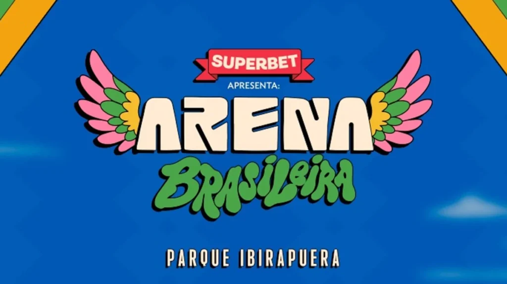 Shows e jogos na Arena Brasileira no Parque Ibirapuera, com torcedores vibrando e artistas se apresentando ao vivo.