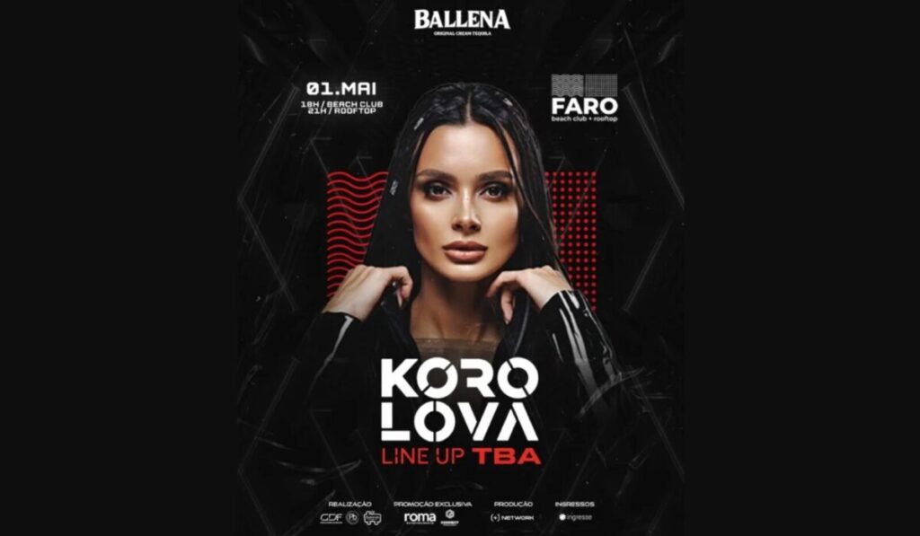 Korolova se apresentando no Faro Beach Club, Rio de Janeiro, em uma festa vibrante de música eletrônica.
