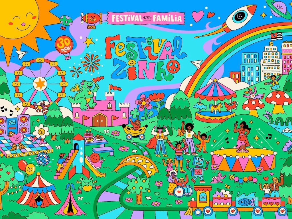 Público se divertindo no Festivalzinho 2026 em São Paulo, com famílias aproveitando shows e atividades interativas.