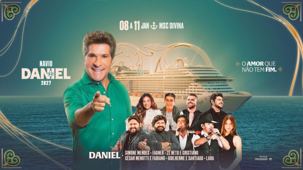 Navio do Cantor Daniel 2027, MSC Divina, com público em festa e artistas sertanejos