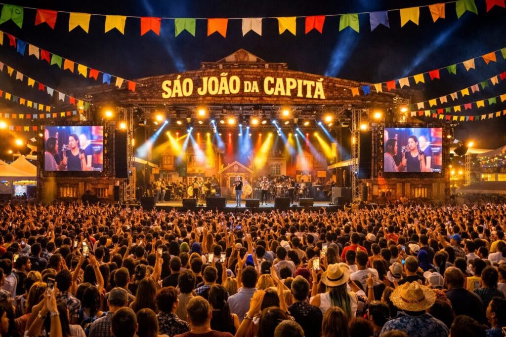 Show no São João da Capitá com público e palco iluminado