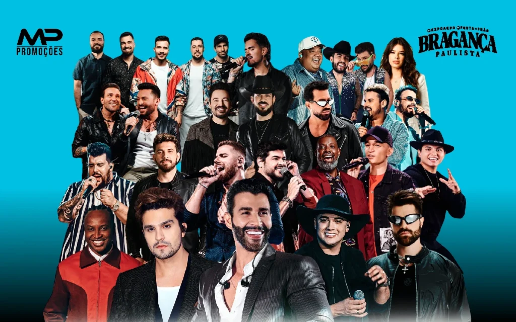 Festa do Peão de Boiadeiro em Bragança Paulista, com pessoas assistindo a competições de rodeio e shows ao vivo.