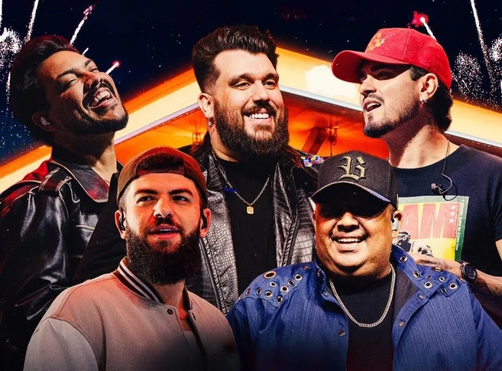 Artistas Ícaro & Gilmar, Humberto & Ronaldo e Panda se apresentando em um festival em Campo Grande