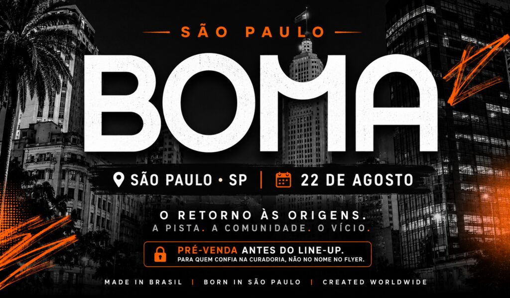 Logo da BOMA em evento de música eletrônica em São Paulo