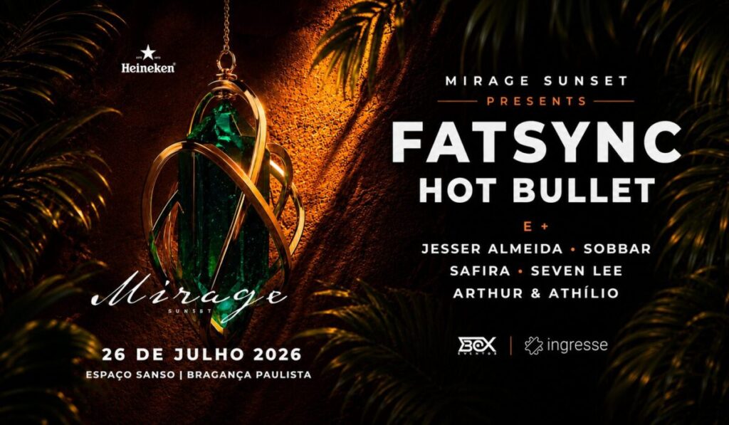 Pôr do sol durante o evento Mirage Sunset 2026 em Bragança Paulista com FatSync e Hot Bullet