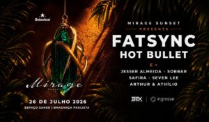 Pôr do sol durante o evento Mirage Sunset 2026 em Bragança Paulista com FatSync e Hot Bullet