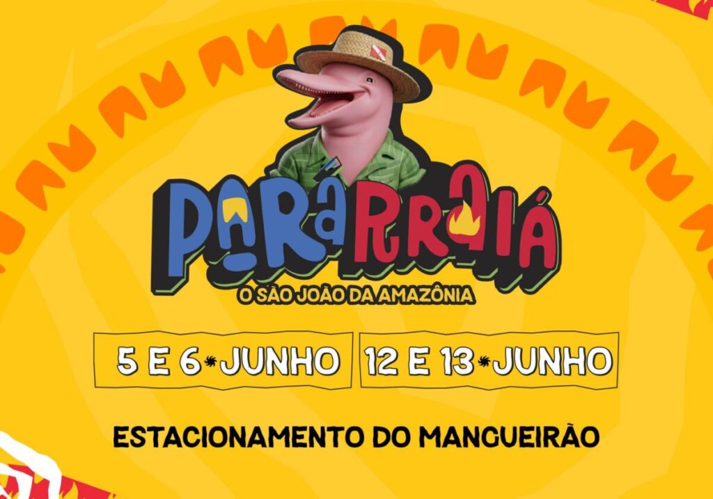 Pessoas se divertindo no Parárraiá 2026 em Belém, com bandeirinhas e decoração junina ao fundo.