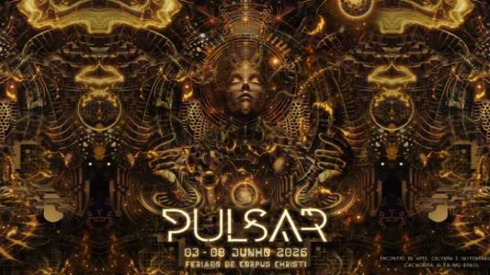 Imagem do Pulsar Festival 2026 em Cachoeira Alta, MG, com pessoas desfrutando de música, arte e natureza.