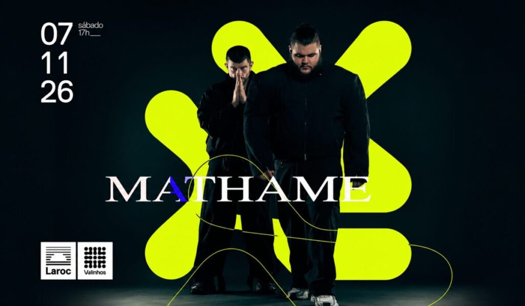 Cartaz do evento Mathame no Laroc Club de Valinhos, destacando a data e informações de ingresso