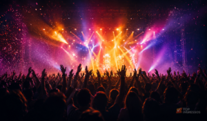 Público em show com iluminação colorida e logo Top Ingressos