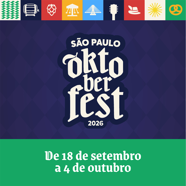 Banner da Oktoberfest São Paulo 2026 com elementos tradicionais como canecos de cerveja e comidas típicas germânicas