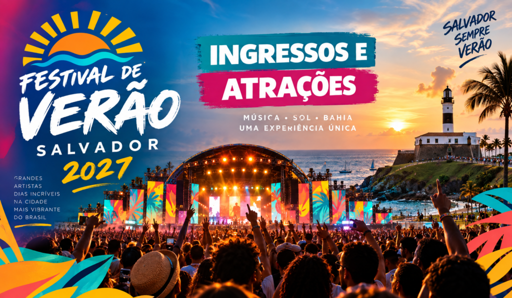 Cartaz do Festival de Verão Salvador 2027 com artistas renomados da música brasileira.