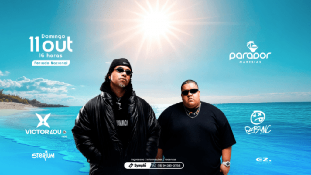 Victor Lou e FatSync se apresentando no Parador Maresias durante o pôr do sol